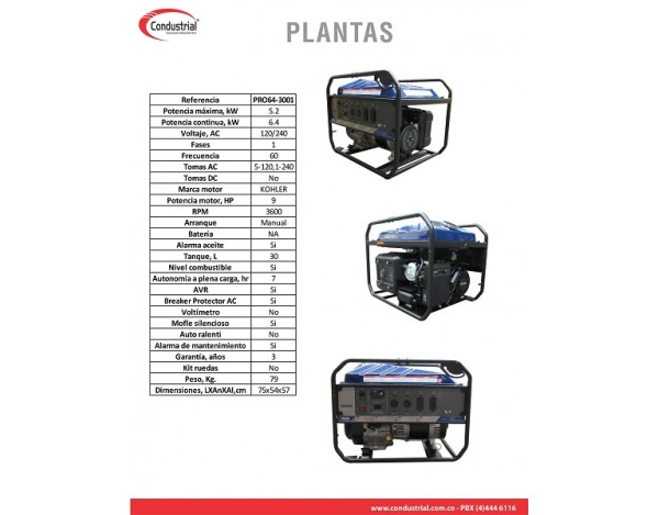 PLANTA ELECTRICA A GASOLINA KOHLER PRO64-3001