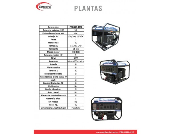 PLANTA ELECTRICA A GASOLINA KOHLER PRO64E-3001
